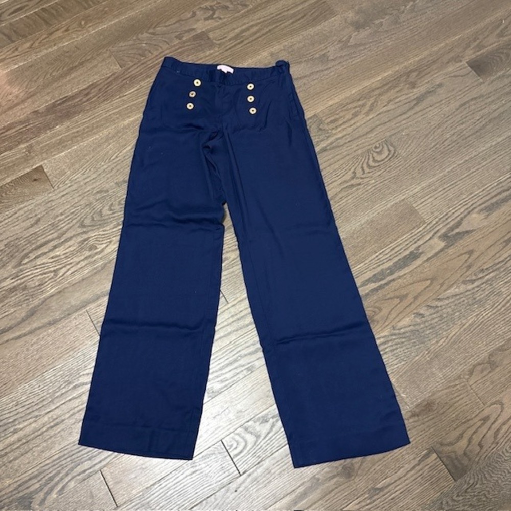 Lilly Pulitzer Blue Sailor Wide Leg Pants Gold Anchor Button Size 4